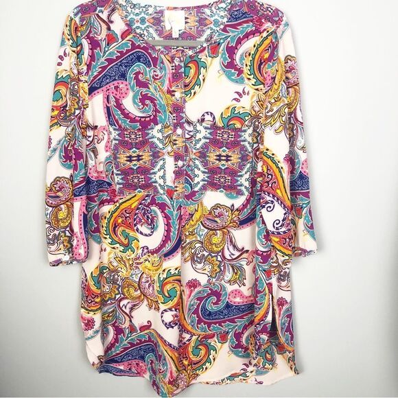 FIG AND FLOWER | Colorful Long Sleeve Tunic Style Top Anthro Women’s Size 1X - Picture 1 of 8